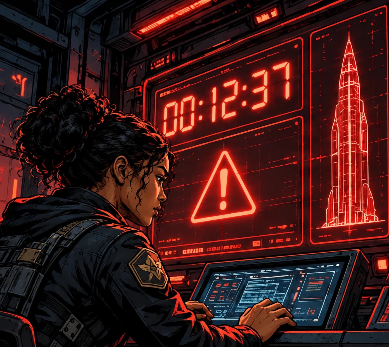 Operator working beneath an urgent launch countdown display