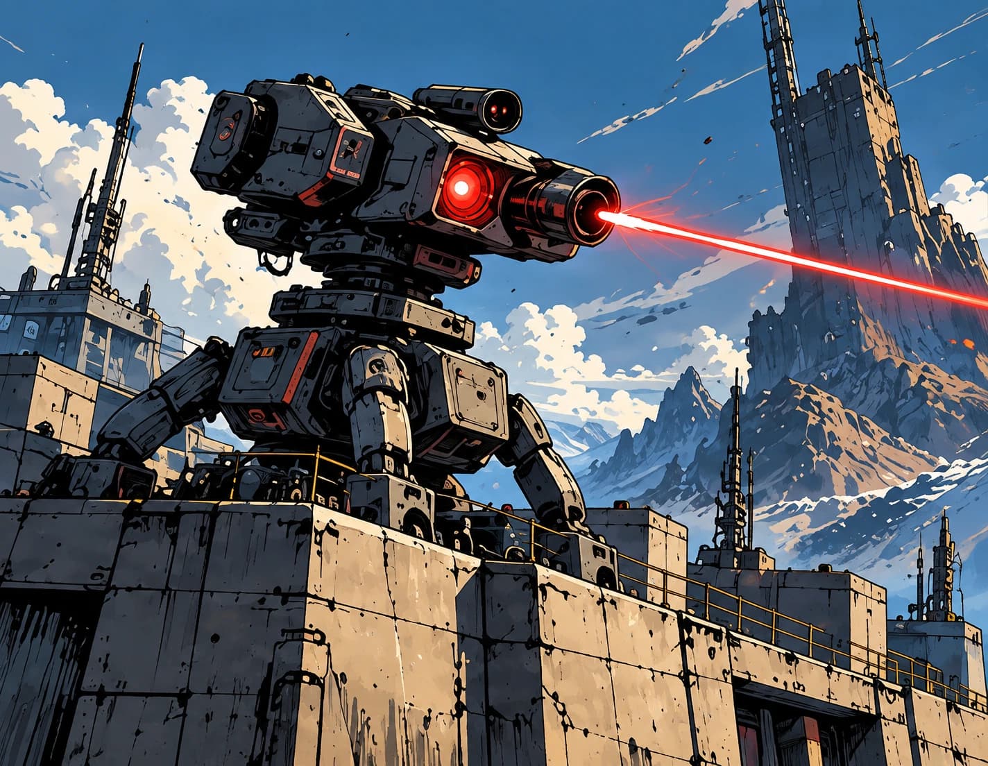Automated military turret firing across a fortified landscape