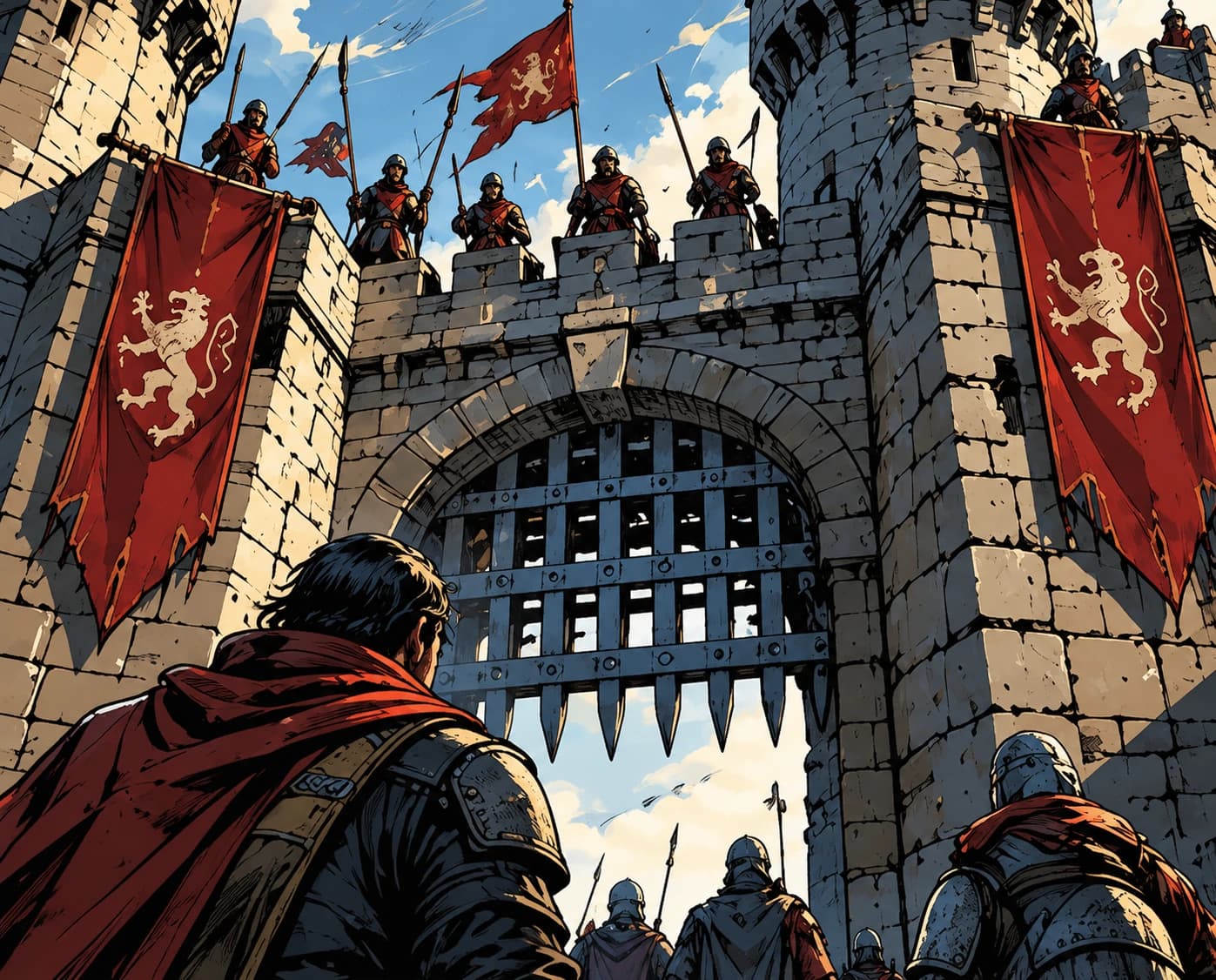 Travelers facing a guarded medieval fortress gate