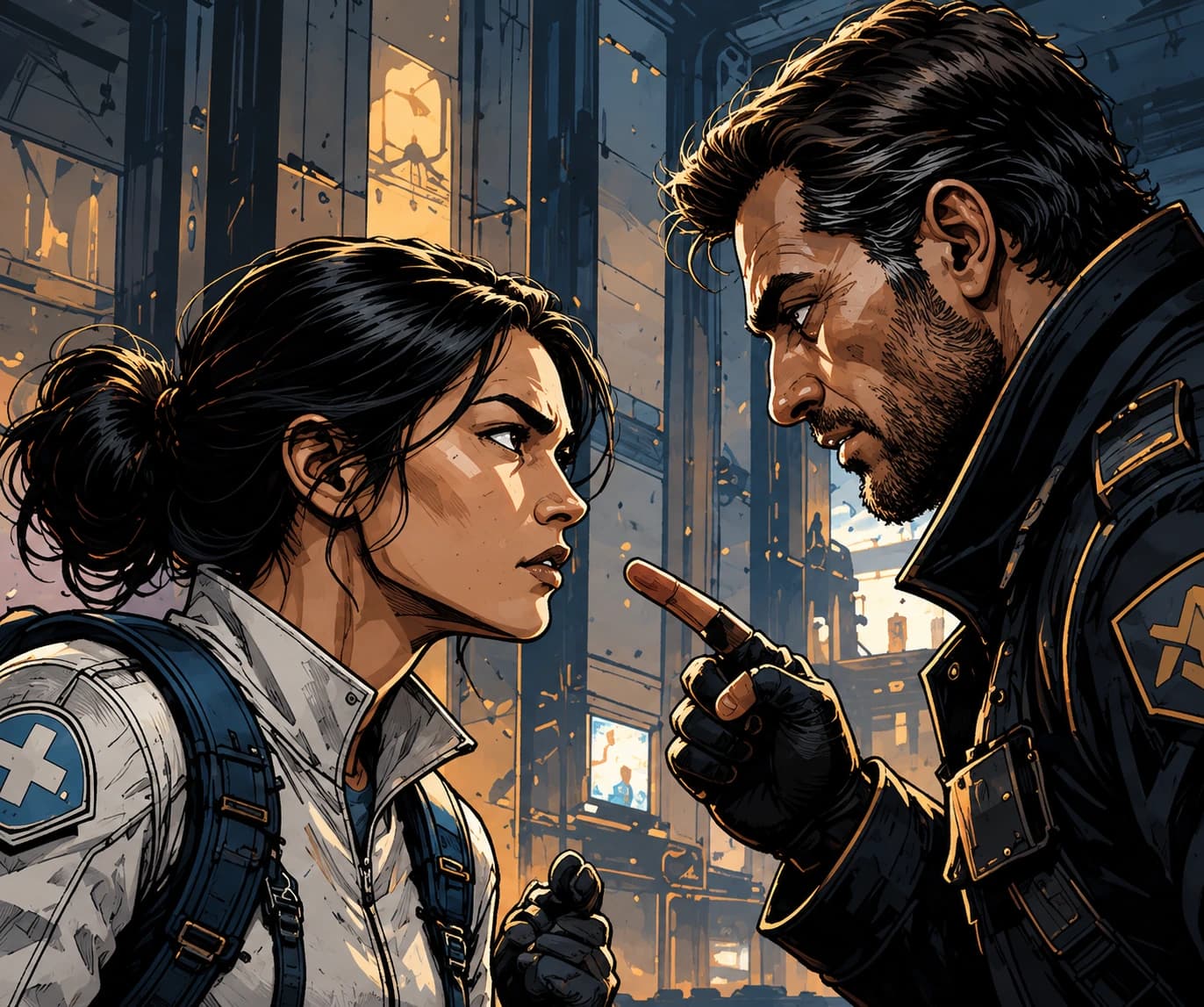 Two people in a tense futuristic confrontation