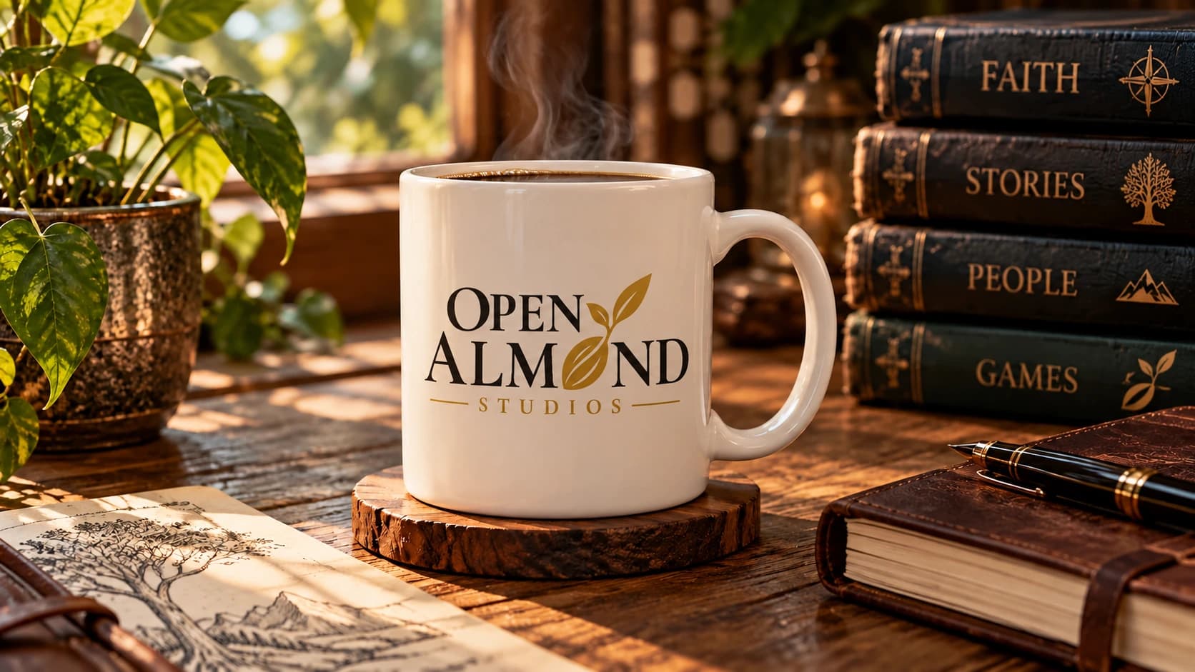 An Open Almond Studios coffee mug beside books and a journal on a sunlit desk.