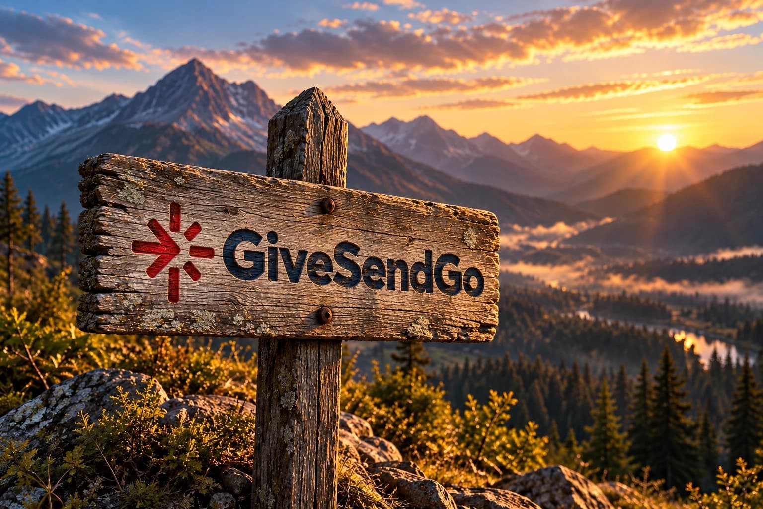 A rustic GiveSendGo sign overlooking a mountain landscape.