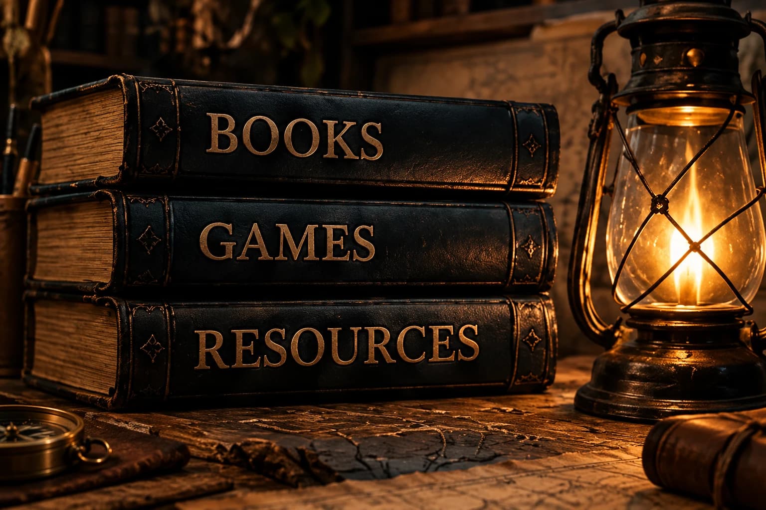 Books, games, and creative resources beside a warm lantern.