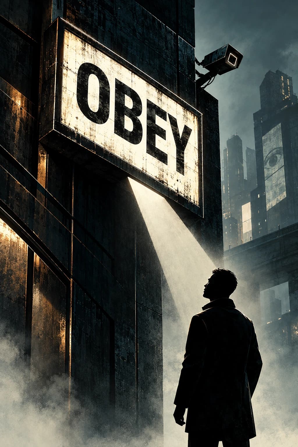 OBEY propaganda sign beneath surveillance cameras in a controlled city