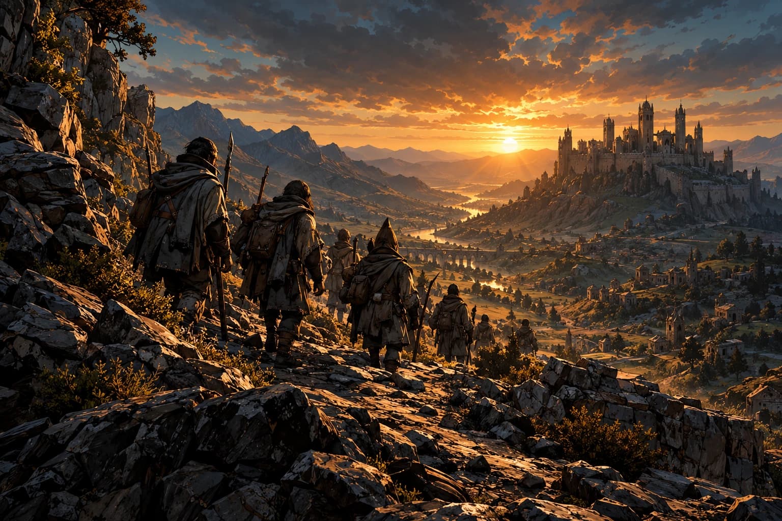 Travelers racing toward a distant city as the sun sets
