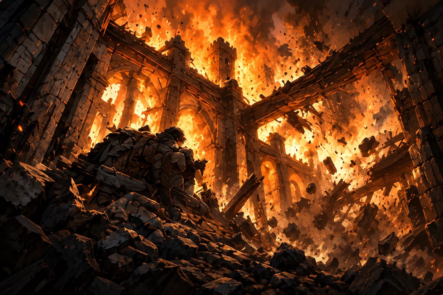 A burning structure collapsing around a traveler