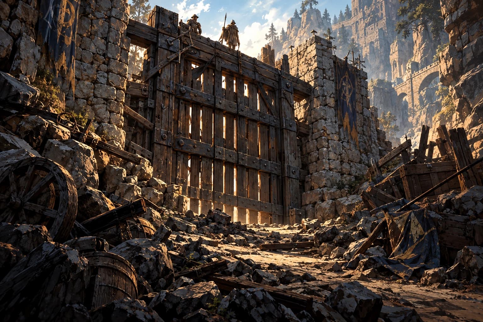 A fortified wooden gate blocking a mountain passage