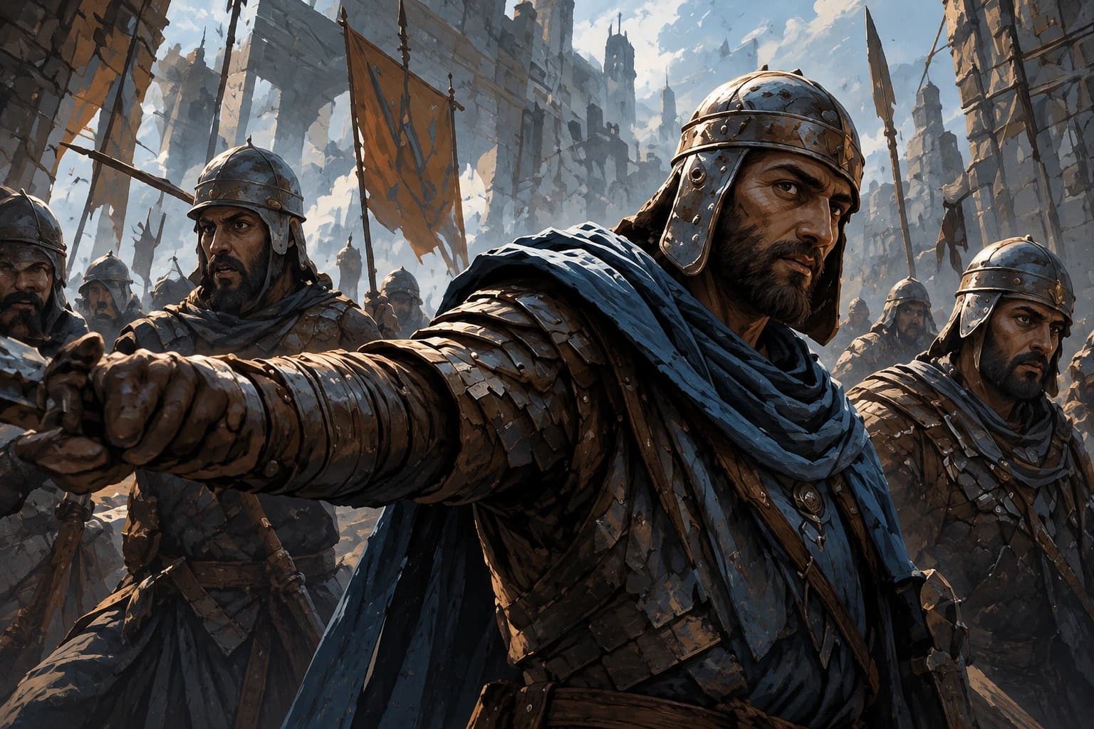 Armored opposition advancing through ruined stone streets